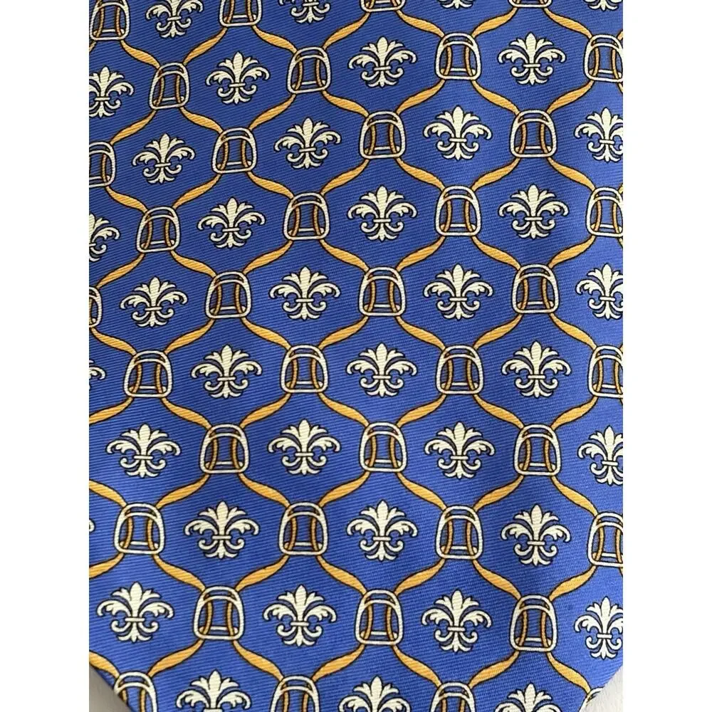 NWT Richel Blue 100% Pure Silk Hand Made In Spain Fleur De Lis Print Gold
